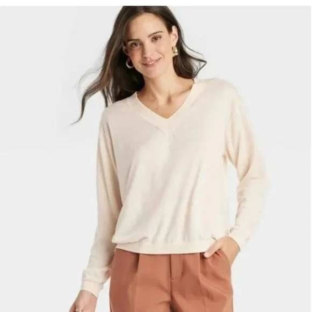 A New Day Cream V Neck Fine Gauze Long Sleeve Sweater XXL Recycled Polyester